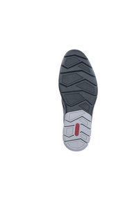 Rubber shoe sole with a gray pattern, featuring deep treads for traction. Red logo accent near the sole's center. Rounded toe design.