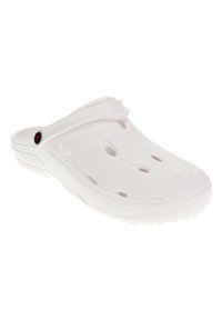 White plastic clog featuring a closed toe, back strap, and cut-out ventilation holes. Smooth texture with a lightweight design.