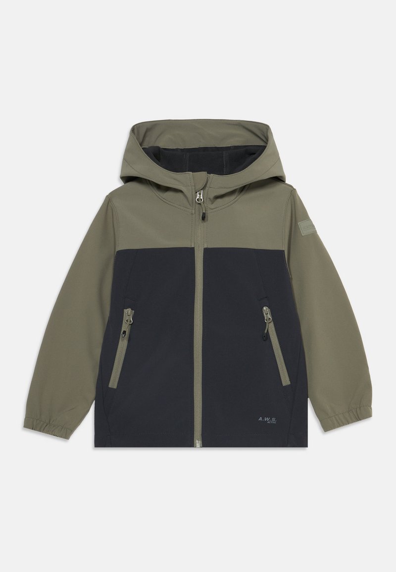 Veste à capuche bicolore pour enfants avec manches et partie supérieure vert olive, bas noir, fermeture éclair à l’avant et deux poches zippées.