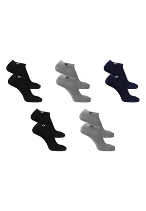 Cinq paires de chaussettes basses présentées en noir, gris et bleu marine, chaque paire affichée côte à côte sur un fond blanc.