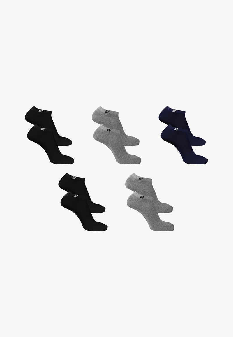 Cinq paires de chaussettes basses présentées en noir, gris et bleu marine, chaque paire affichée côte à côte sur un fond blanc.