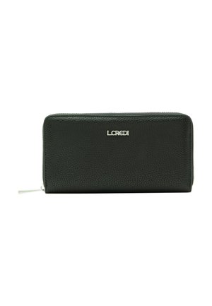 Black pebbled leather wallet with a silver L.Credi logo. Features a zip closure and a flat, rectangular shape with textured surface.