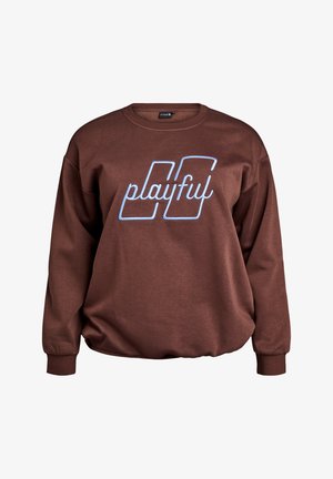 Brun sweatshirt med långa ärmar och rund halsringning. Har blå "lekfull" text i kursiv stil. Tyget har en slät yta.