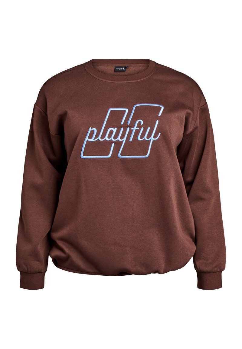 Sweatshirt marron à manches longues et col ras du cou. Présente un texte bleu "joueur" en police cursive. Le tissu a une texture lisse.