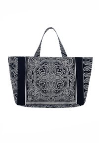 Duża czarno-biała torba na ramię z wzorem paisley, wykonana z materiału, z dwoma krótkimi uchwytami i szerokim prostokątnym kształtem.