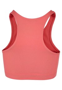 Koral sports BH med en glatt, elastisk tekstur; racerback-design og flate sømmer. Ingen synlig maskinvare eller dekorasjoner.