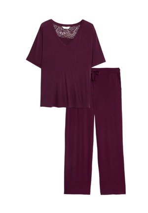 Ensemble de détente bourgogne comprenant un haut à manches courtes en V avec détails en dentelle et un pantalon à cordon assorti, le tout en tissu doux et lisse.