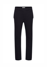 Juodi medvilniniai sportinės kelnės su elastine juosmens juosta, dviem šoniniais kišenėmis ir siaurėjančiomis kojomis. Lygios tekstūros ir universalios formos.