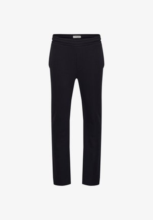 Black cotton joggers with an elastic waistband, two side pockets, and tapered legs. Smooth texture with a versatile design.