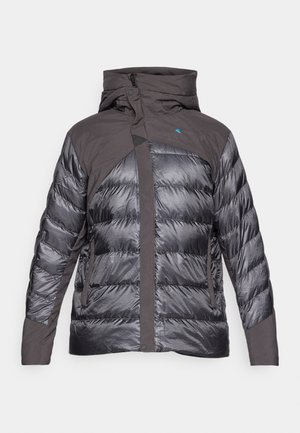 Puffy down jacket in dark gray and black, featuring a hood, zippers, and texture contrast between smooth and quilted areas.