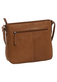 Sac en cuir marron à bandoulière avec une texture lisse, fermeture zip sur le dessus et une poche zippée extérieure. Il dispose d'une sangle tissée détachable.