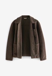 Veste en laine marron avec un col, dotée d'une fermeture à boutons, de deux poches avant et d'une doublure lisse. Texture douce et coupe décontractée.