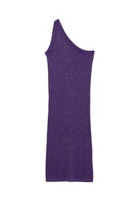Abito viola a spalla unica realizzato in tessuto a costine con una leggera lucentezza. Forma aderente, taglio al ginocchio, senza ulteriori decorazioni.