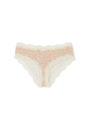 Leopard-print lace panties with ivory scalloped edges, featuring a soft fabric texture and a small center bow accent.