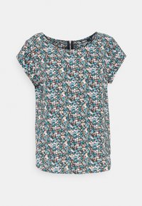 T-shirt à manches courtes floral en teal, marron et blanc avec un col rond et une texture subtile ; doté d'une fermeture zippée dans le dos.