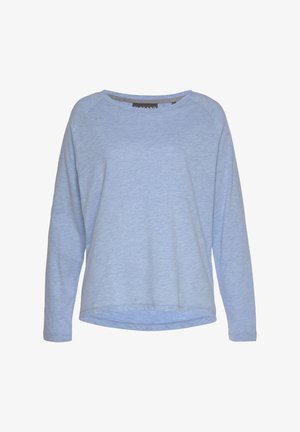 Light blue long-sleeve shirt made of soft fabric, featuring a round neckline and slightly dropped shoulders with a curved hem.