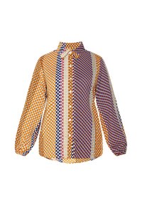 Skjorte med krave og lange ærmer, prydet med en blanding af orange, lilla og blå mønstre, herunder prikkede og ternede. Glat stoftekstur.