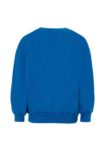 Felpa blu con scollatura rotonda, maniche lunghe e orlo arricciato. Texture liscia e design semplice in un colore uniforme.