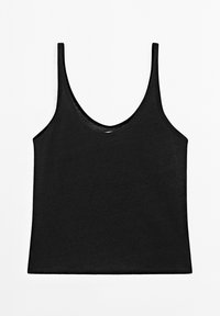 Svart linne med rundad halsringning och spagettiband. Tillverkat av en slät, lätt tyg utan synliga mönster eller detaljer.