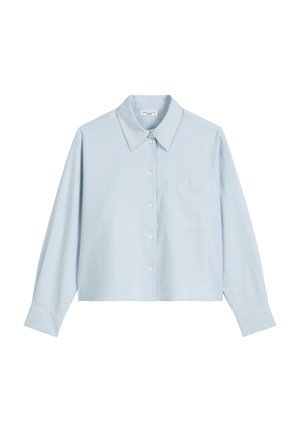 Világoskék, rövidre szabott, gombos ing hosszú ujjakkal, klasszikus gallérral, elején zsebbel és sima textúrájú anyaggal.