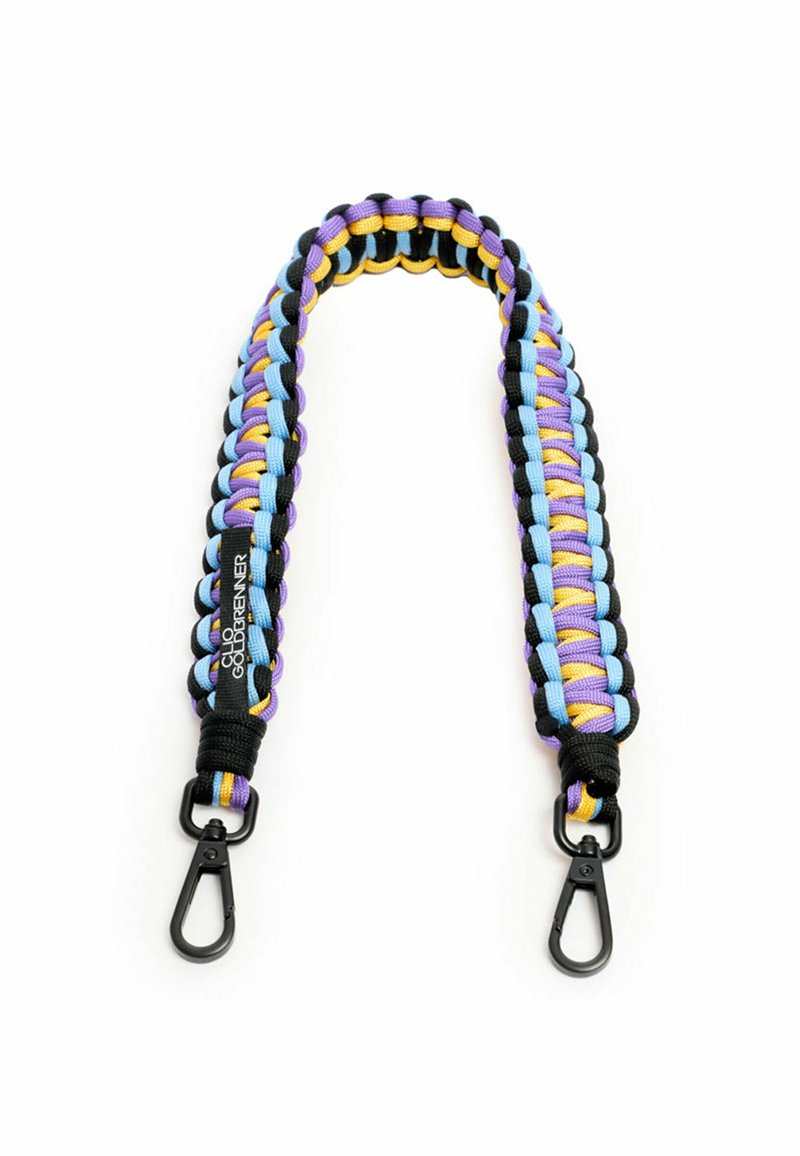 Sangle en paracorde bleu, violet et noir avec des accents jaunes. Dispose d'un design tressé et de clips en métal noir à chaque extrémité.
