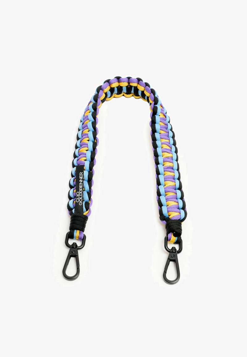 Paracordband in blauw, paars en zwart met gele accenten. Beschikt over een gevlochten ontwerp en zwarte metalen clips aan beide uiteinden.