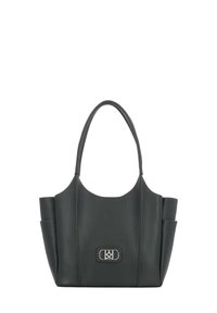 Borsa tote in pelle grigia scura con parte superiore arrotondata, doppio manico, tasche laterali e un'icona in metallo argentato sul davanti.