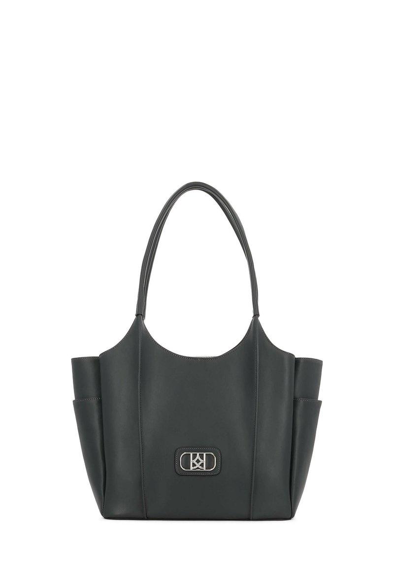 Borsa tote in pelle grigia scura con parte superiore arrotondata, doppio manico, tasche laterali e un'icona in metallo argentato sul davanti.