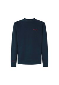 Felpa blu marina in pile con scollo rotondo, maniche lunghe, logo rosso "Pepe Jeans" sul davanti e "LONDON W11" sulla manica. Tessuto morbido.