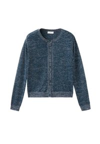 Blå och grå långärmad stickad cardigan med rund halsringning och knäppning fram, texturerat tyg och ribbade muddar och fåll.