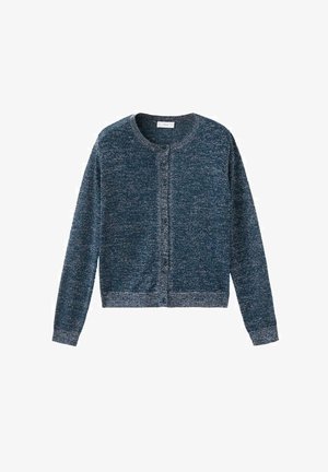 Plavi i sivi dugi pleteni kardigan s okruglim izrezom i prednjim zatvaranjem na gumbe, teksturirana tkanina te rebrasti manžeti i rub.