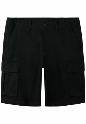 Pantaloncini cargo neri con tasche laterali a patta, passanti per cintura, chiusura frontale con bottoni e tasche anteriori inclinate, mostrati distesi su uno sfondo bianco.