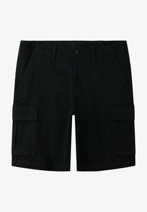 Pantaloncini cargo neri con tasche laterali a patta, passanti per cintura, chiusura frontale con bottoni e tasche anteriori inclinate, mostrati distesi su uno sfondo bianco.