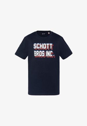 Marineblaues T-Shirt mit kurzen Ärmeln und fettem, weißem und rot schattiertem Schriftzug „SCHOTT BROS INC.“ auf der Brust.