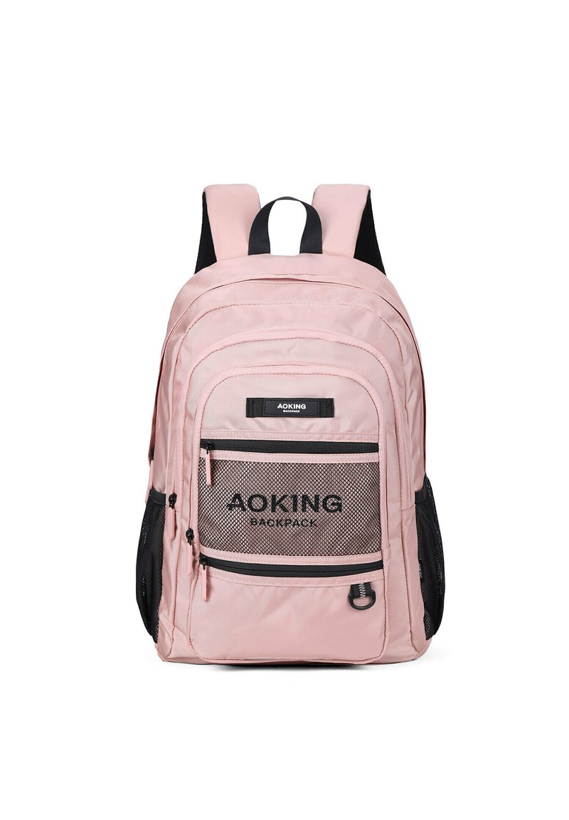 Zaino rosa con accenti neri, numerosi scomparti con zip e dettagli in rete. Visibili spallacci regolabili e tessuto resistente.