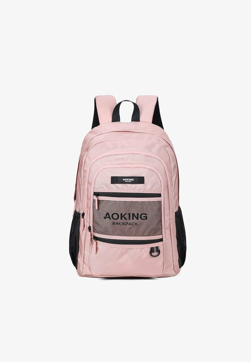 Zaino rosa con accenti neri, numerosi scomparti con zip e dettagli in rete. Visibili spallacci regolabili e tessuto resistente.