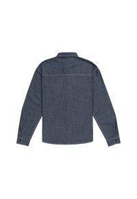 Mørkeblå denimskjorte, lange ærmer, knapmanchetter, klassisk krave, rygsøm, og subtil tekstur med en glat finish.