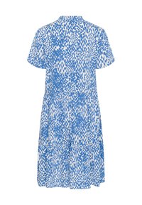Kurzärmliges Kleid mit blau-weißen abstrakten Mustern, mit Kragen, gestuften Rock und lässiger Passform. Hergestellt aus leichtem Stoff.