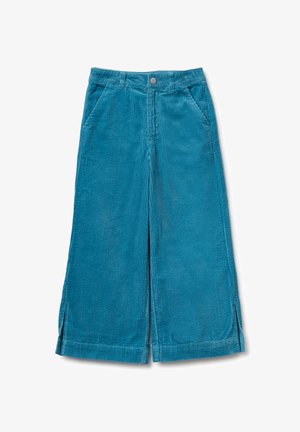 Pantalones de pana anchos de color azul con bolsillos frontales y aberturas en el dobladillo. Presentan un cierre de botón en la cintura. Tejido texturizado.
