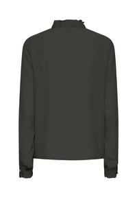 Blouse à manches longues vert foncé avec un col montant à volants et des poignets boutonnés, vue de dos sur fond blanc.