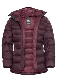 Giacca a vento bordeaux con cappuccio foderato, chiusura a zip e design trapuntato. Presenta una tasca interna in rete. Realizzata in materiale sintetico leggero.