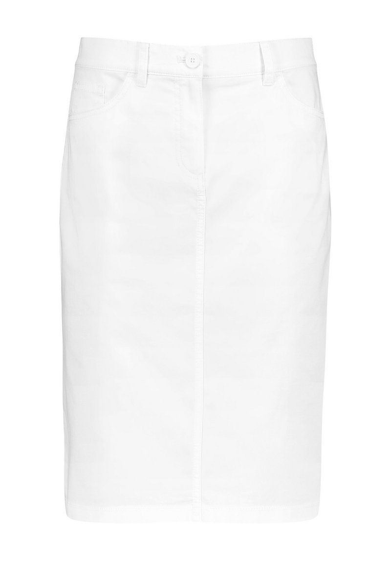 Vit denim blyertkjol med rak skärning, framfickor, knäppning och en subtil söm ner i mitten. Slät textur.