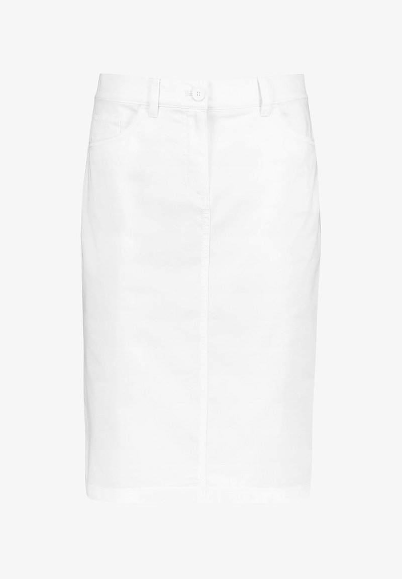 Jupe crayon en denim blanc avec une coupe droite, poches avant, fermeture à bouton et une couture subtile au centre. Texture lisse.