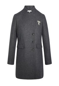 Grau Wollmantel mit hohem Kragen, einreihigem Design, vier Knöpfen, zwei Seitentaschen und einer dekorativen Schleifenbrosche auf der linken Seite.