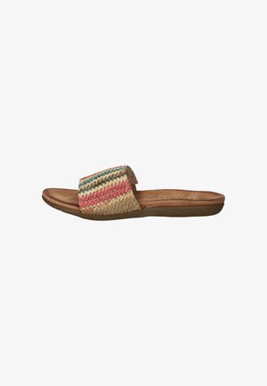 Geweven slipper sandaal met een tan kleurige voetbed, multicolored gestreepte stoffen bovenkant in roze, groen en geel, met een platte rubberen zool.