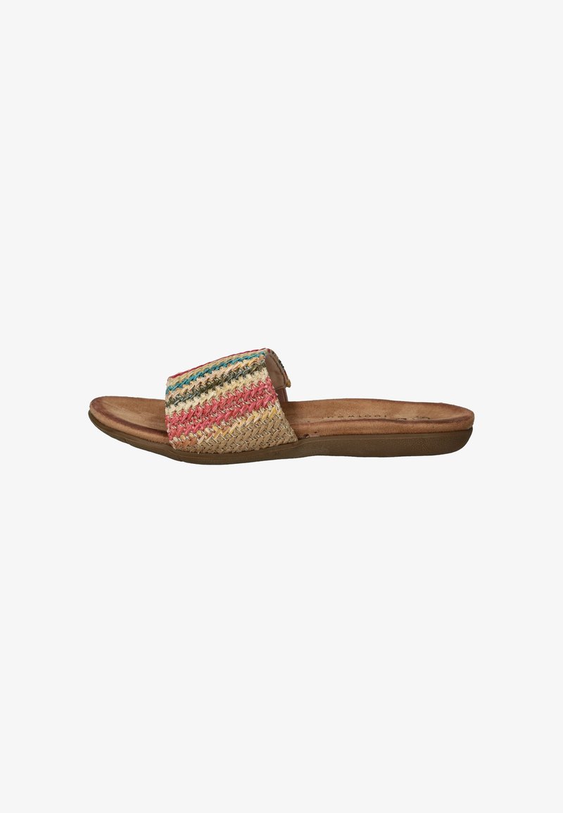 Sandale à glissière tissée avec un pied en beige, tige en tissu multicolore à rayures rose, vert et jaune, avec une semelle en caoutchouc plate.