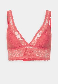 Bralette de renda coral com decote V profundo, bordas em forma de ondas e tiras largas de renda. Apresenta uma faixa sem emenda com padrões florais delicados.