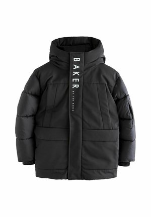 Schwarze gepolsterte Winterjacke mit hohem Kragen, Vorderklappen-Reißverschluss, Taschen an den Ärmeln und "BAKER by Ted Baker"-Aufdruck auf der Vorderseite.