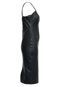 Schwarzes, ärmelloses Lederkleid mit einer figurbetonten Silhouette, das schmale Träger und eine glatte Textur aufweist, gestaltet mit minimalistischen Nahtdetails.