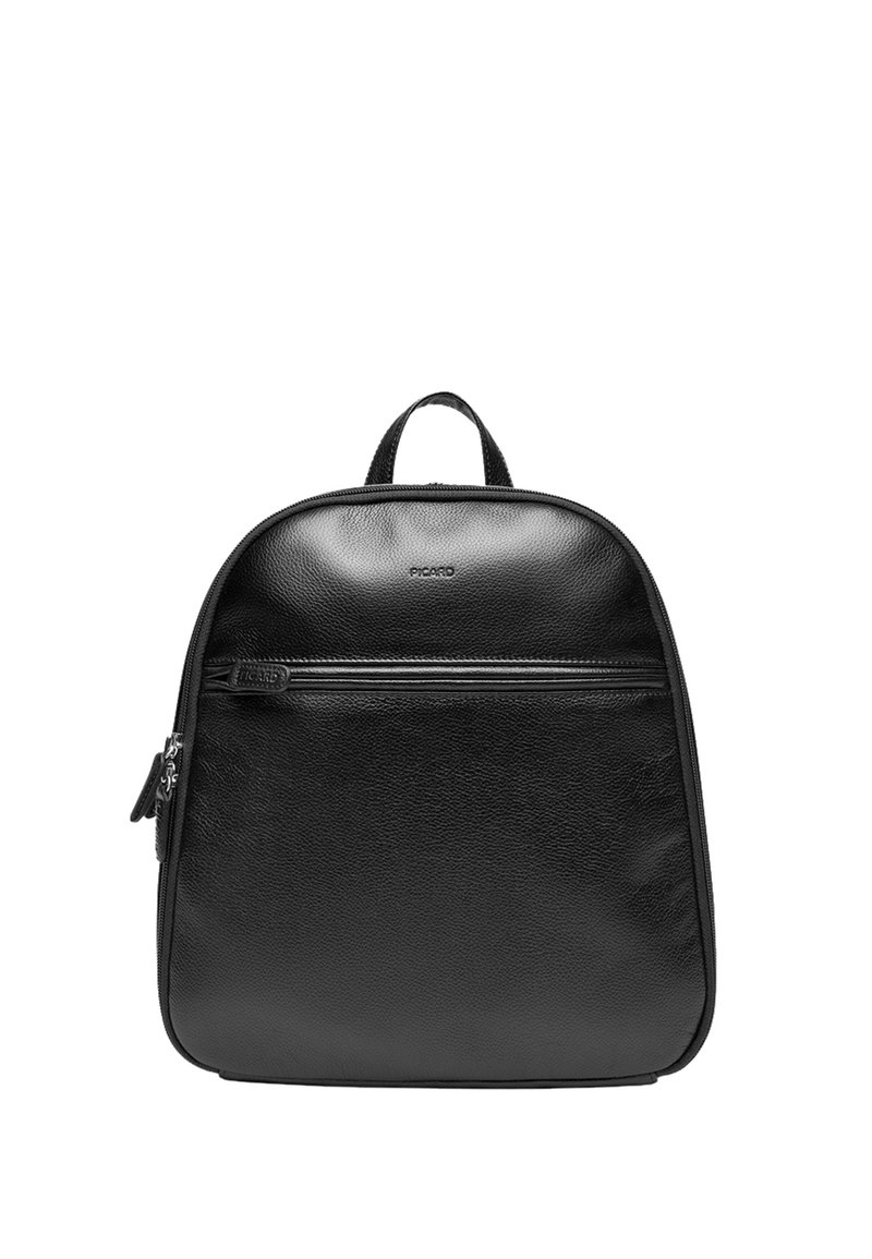 Black leather backpack with a rounded top, front zip pocket, and top handle. Smooth texture, minimalist design, and subtle logo detail.